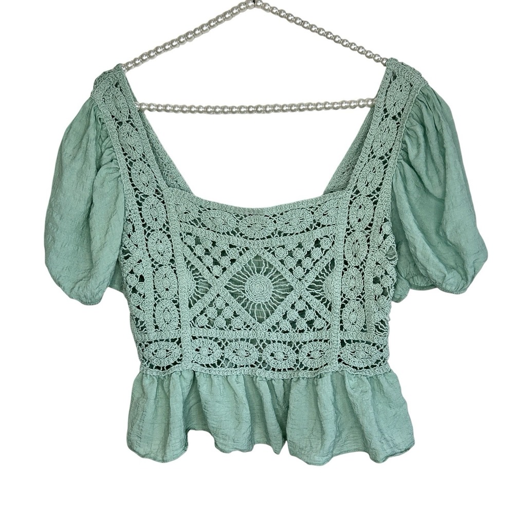 Boho Crochet Peplum Crop Top Medium Fairy Festival Indie Sheer‎ Romantic Green